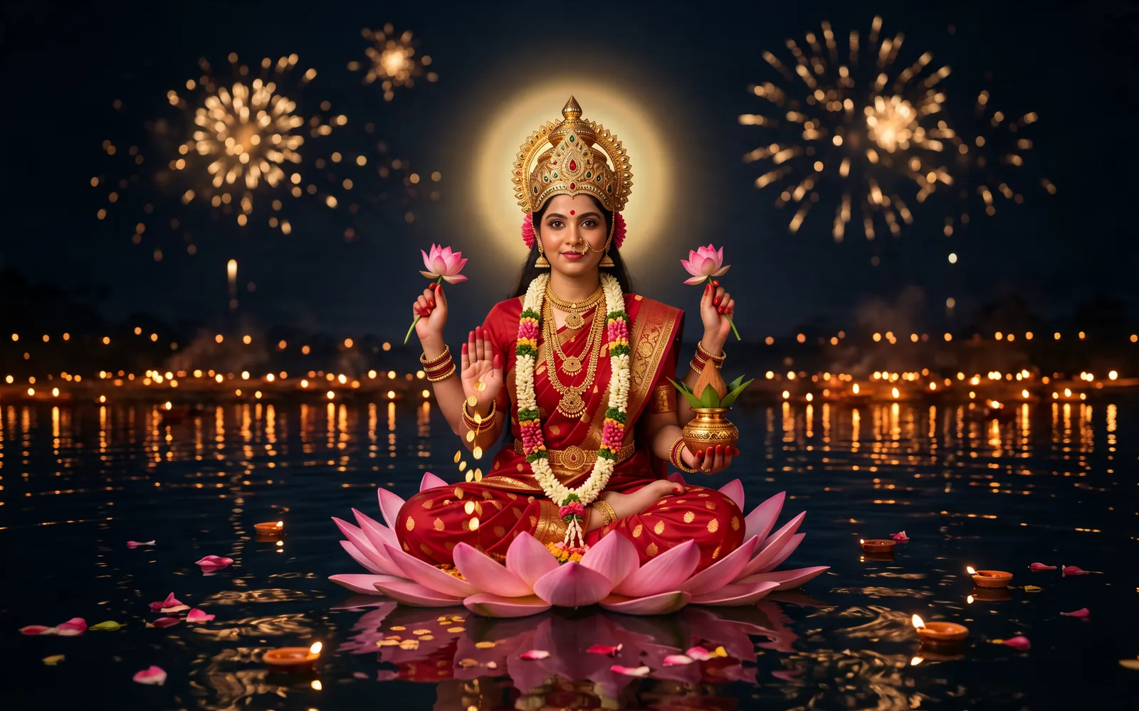 Four-armed Goddess Lakshmi in a red silk saree seated on a pink lotus on dark water on Diwali night, holding lotuses and a kalash, gold coins falling from her raised hand, with rows of diyas and fireworks behind her