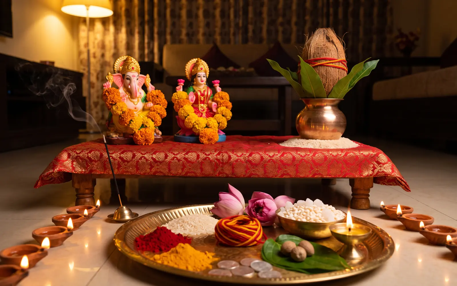 A Lakshmi Puja setup at dusk: seated Lakshmi and Ganesh idols on a red-covered wooden chowki, a brass kalash with mango leaves and a coconut, and a brass thali of roli, haldi, akshat, moli, paan, lotus flowers, kheel and a lit ghee diya