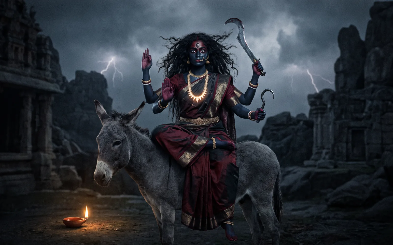 Maa Kalratri with dark skin and wild open hair riding a donkey on a moonless night, sword and iron hook in her left hands and her right hands raised in blessing